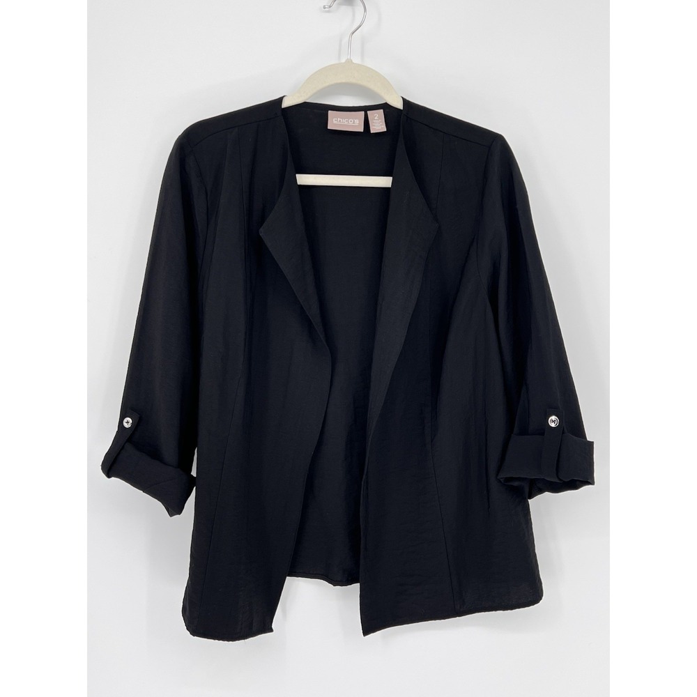 Chicos Open Front Blazer Black Rayon/Nylon Size 2 (Large) Minimalist Careerwear